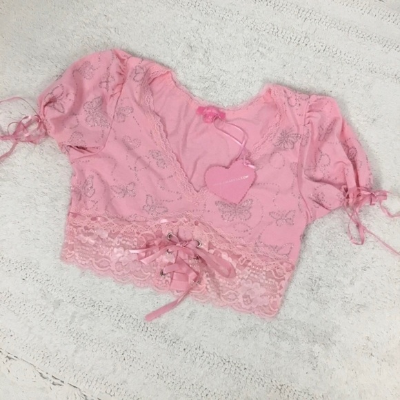 NWT SUGAR THRILLZ DOLLS KILL Sparkley Butterfly Heart Lace Up Crop Top M - Picture 1 of 8